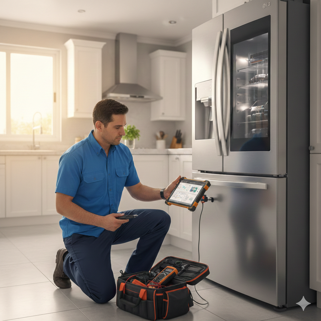 Técnico  certificado con más de 15 años de experiencia sonriendo en cocina moderna con electrodomésticos 