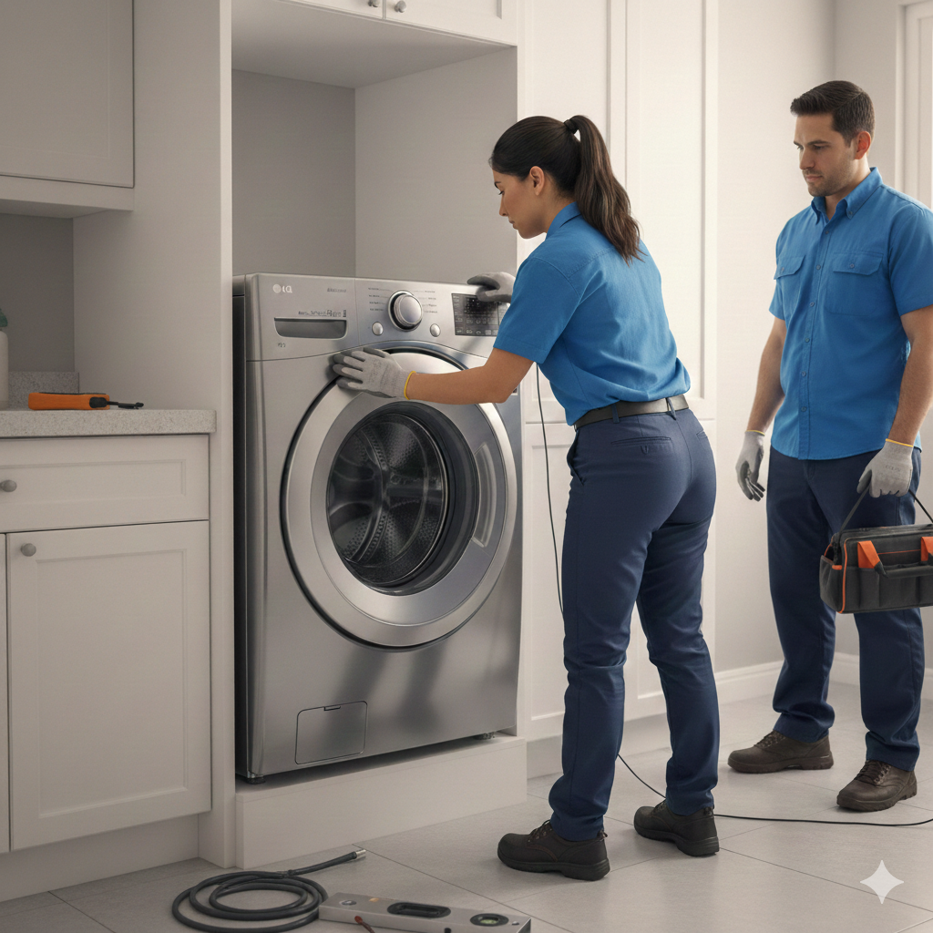 Técnicos instalando nevera en cocina moderna