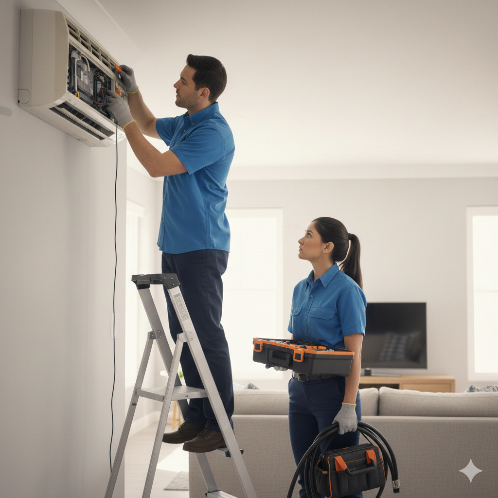 Técnico reparando parte trasera de refrigerador con herramientas